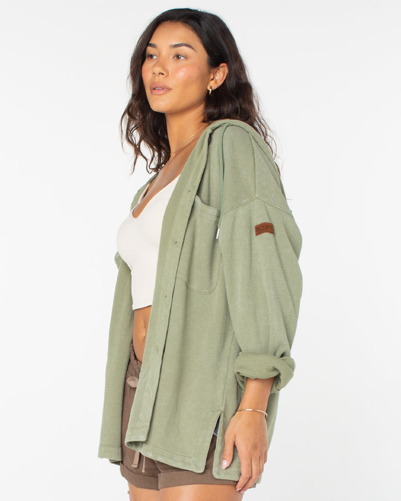 Clear Water Oversize Fleece Hooded Shirt - Oil Green