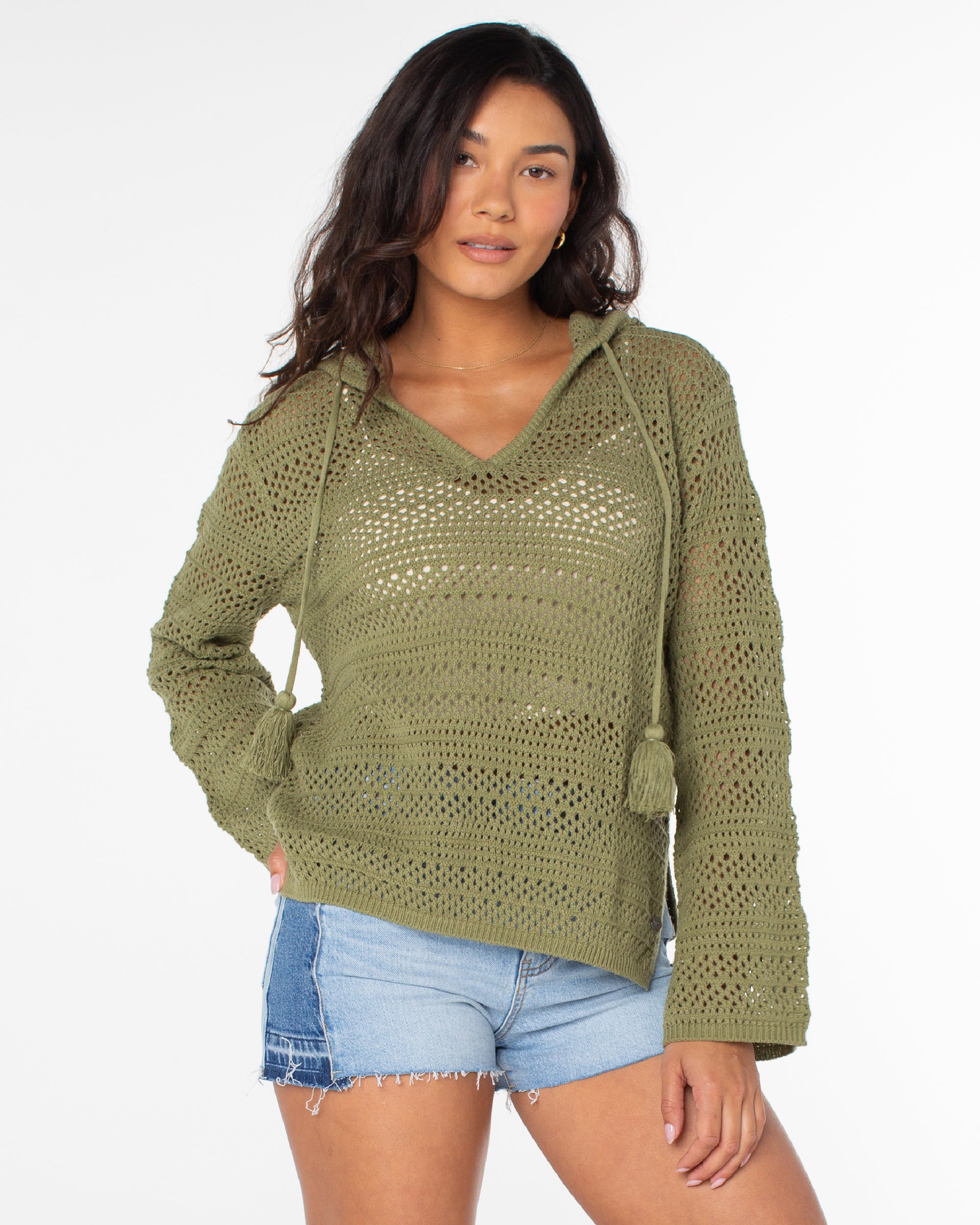 Hippie Love Open Knit Hooded Sweater Oil Green Roxy