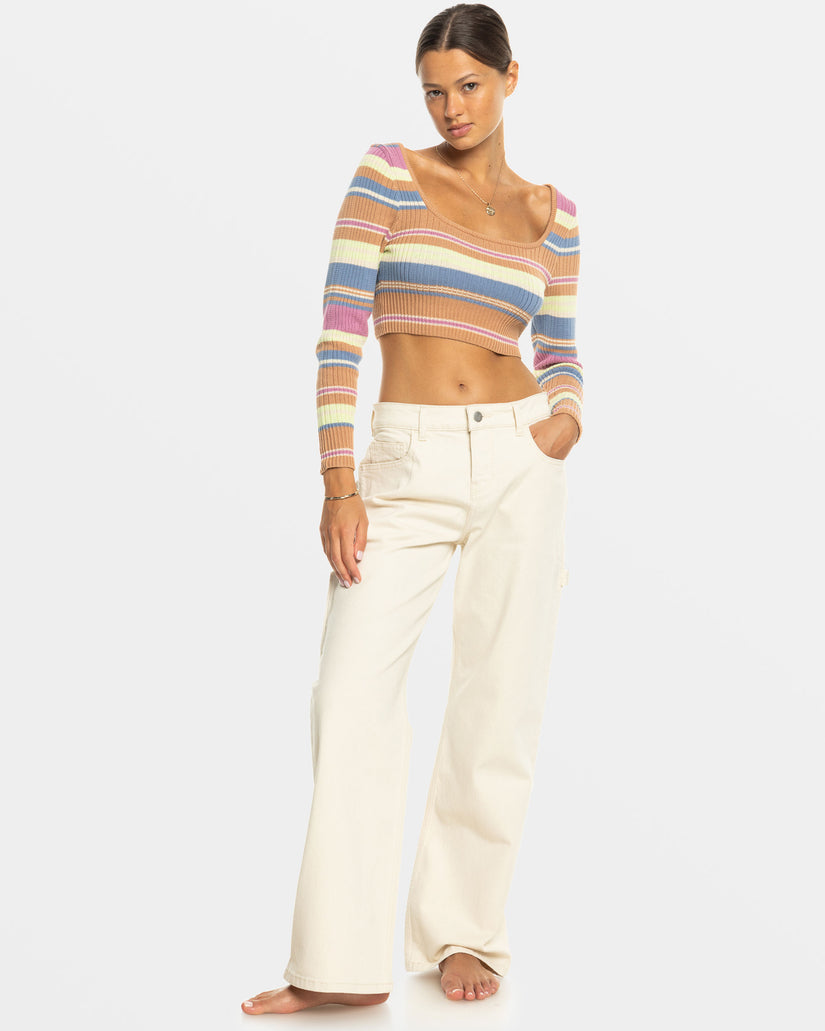 Sunshine Day Cropped Sweater Top - Camel Swithbackstripe Sweaters