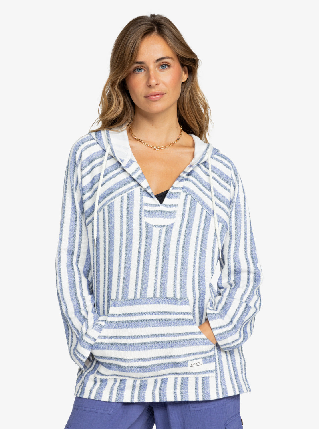 Wild And Free Poncho Style Hoodie Bijou Blue Small Silk Stripe