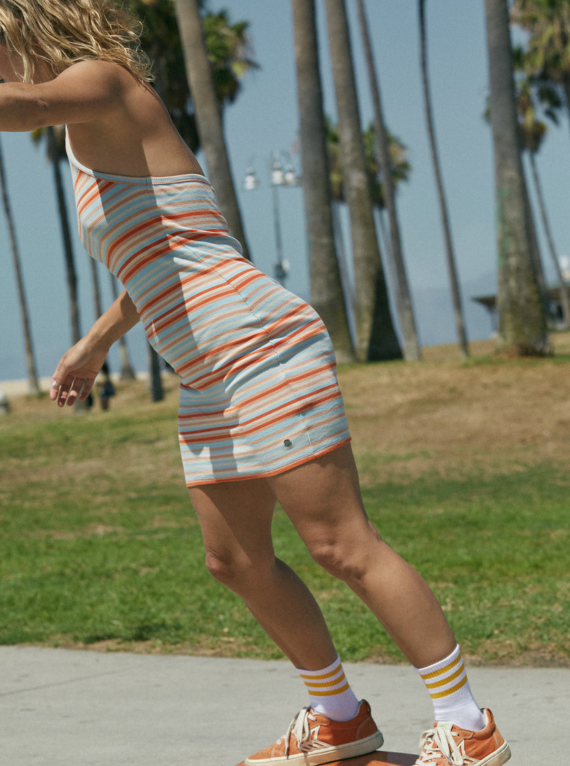 Retro Coast Halter Mini Dress - Warm Sunset Stripe