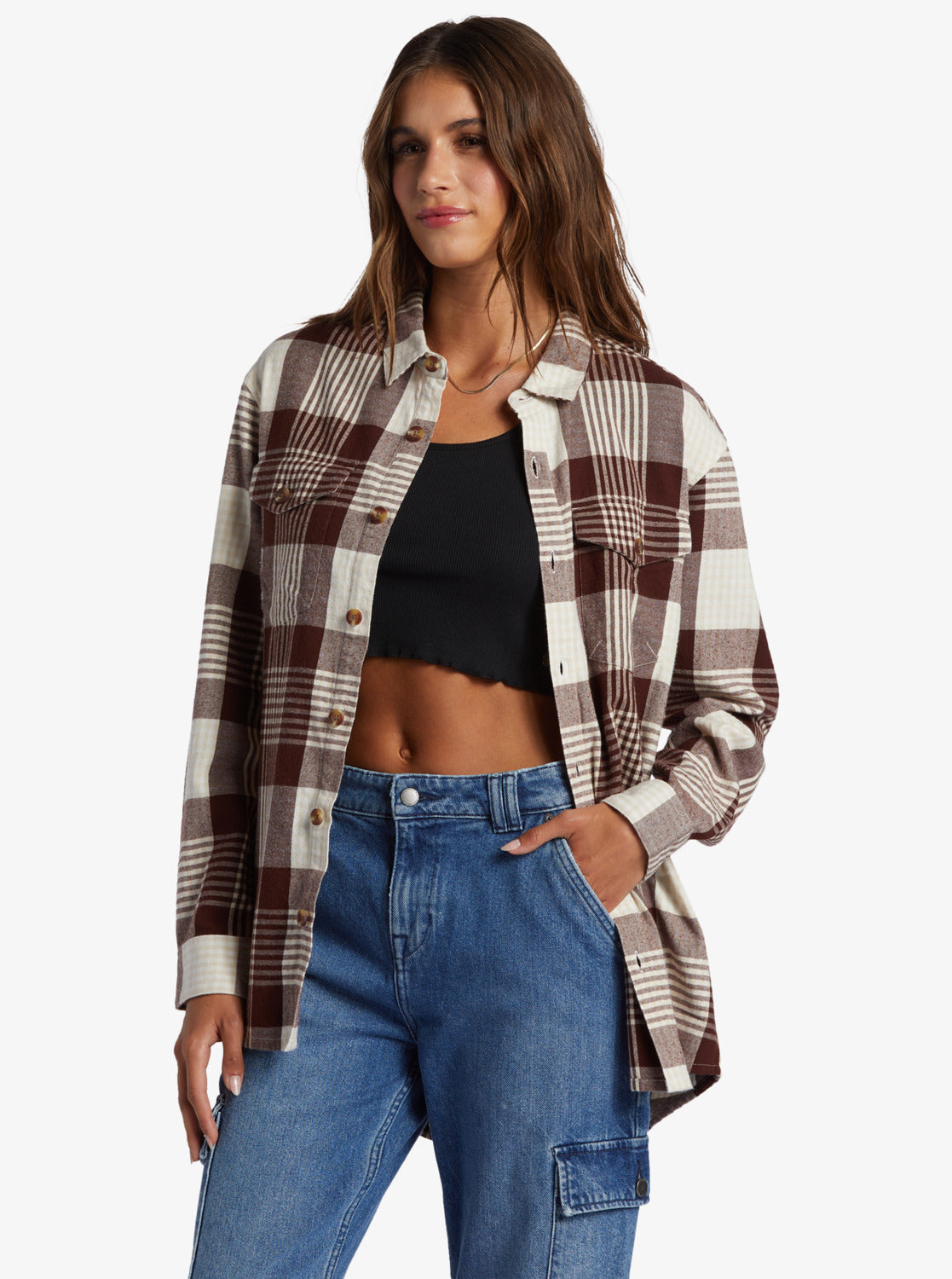 Let It Go Flannel Long Sleeve Shirt - Tapioca Hallo Plaid