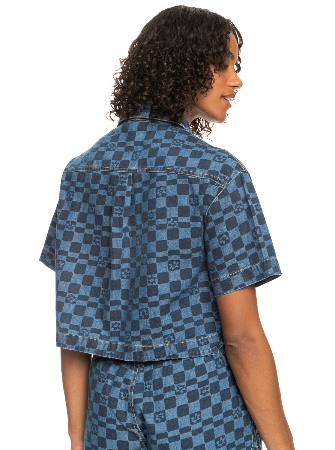 Blue Wave Club Printed Short Sleeve Crop Denim Shirt - Mood Indigo Sol
